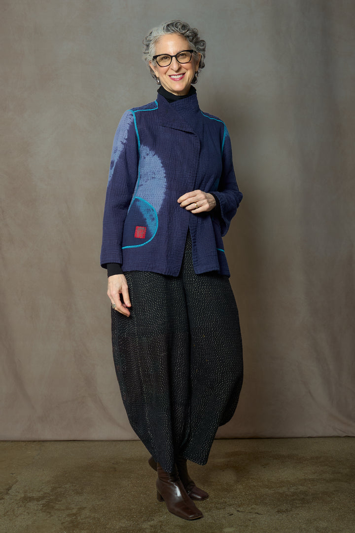 CIRCLE SHIBORI TIE DYE WOVEN PATCH KANTH SHORT JACKET - tc4007-blu -