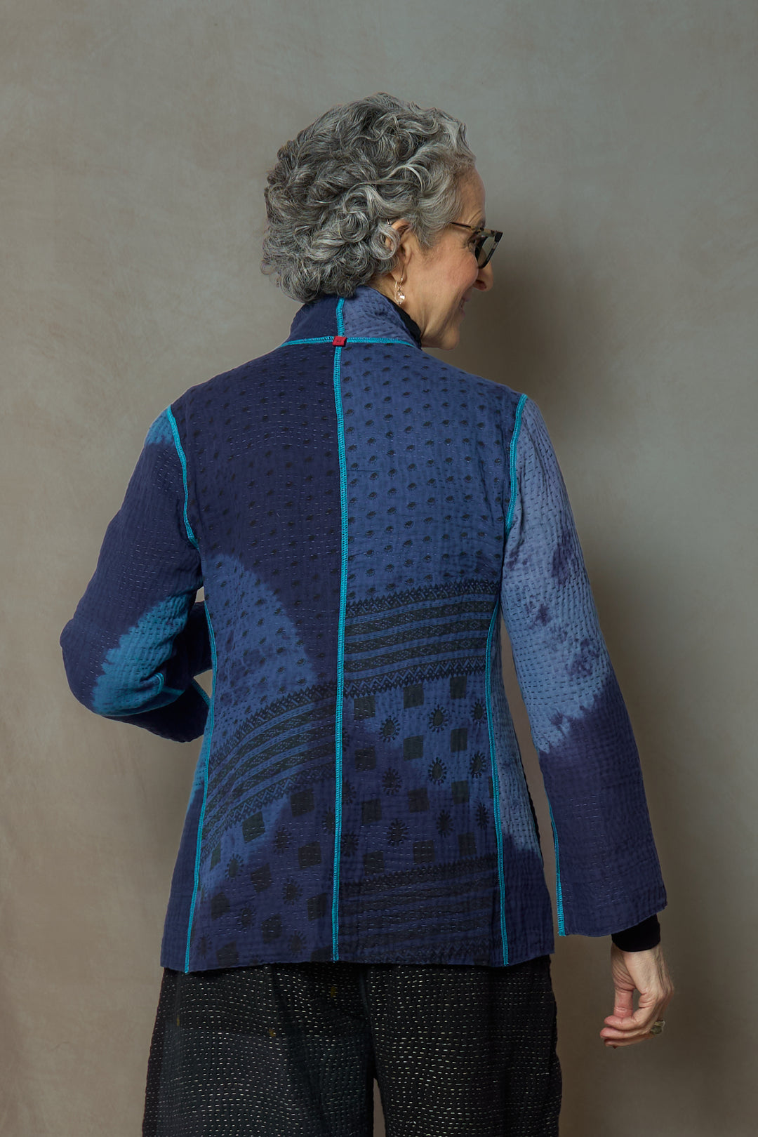 CIRCLE SHIBORI TIE DYE WOVEN PATCH KANTH SHORT JACKET - tc4007-blu -