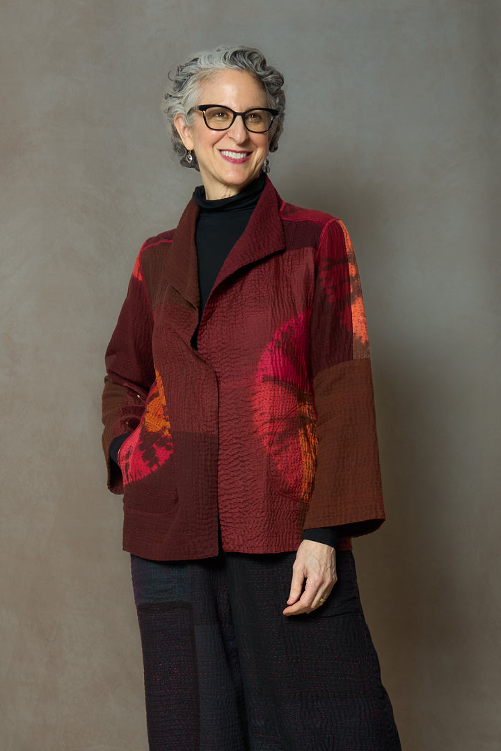 CIRCLE SHIBORI TIE DYE WOVEN PATCH KANTH SHORT JACKET - tc4007-red -