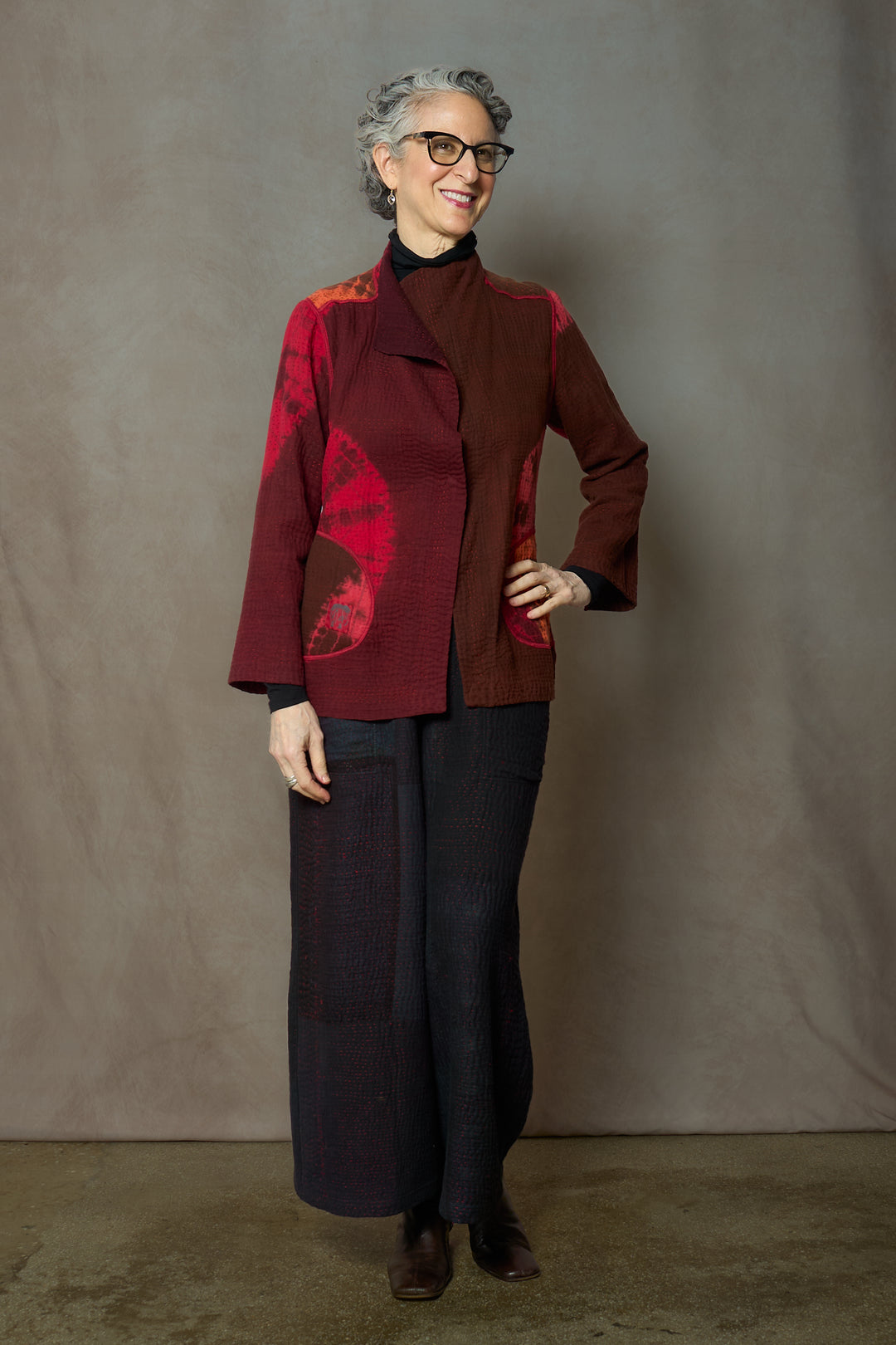 CIRCLE SHIBORI TIE DYE WOVEN PATCH KANTH SHORT JACKET - tc4007-red -