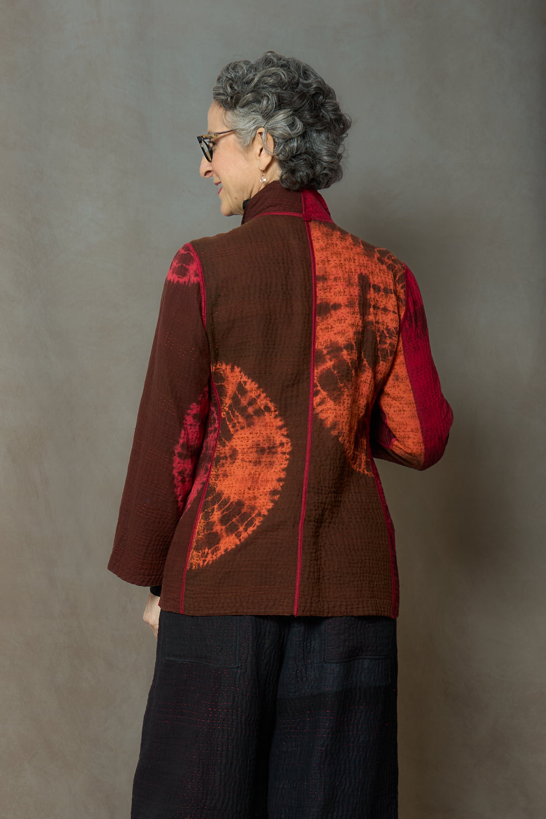 CIRCLE SHIBORI TIE DYE WOVEN PATCH KANTH SHORT JACKET - tc4007-red -