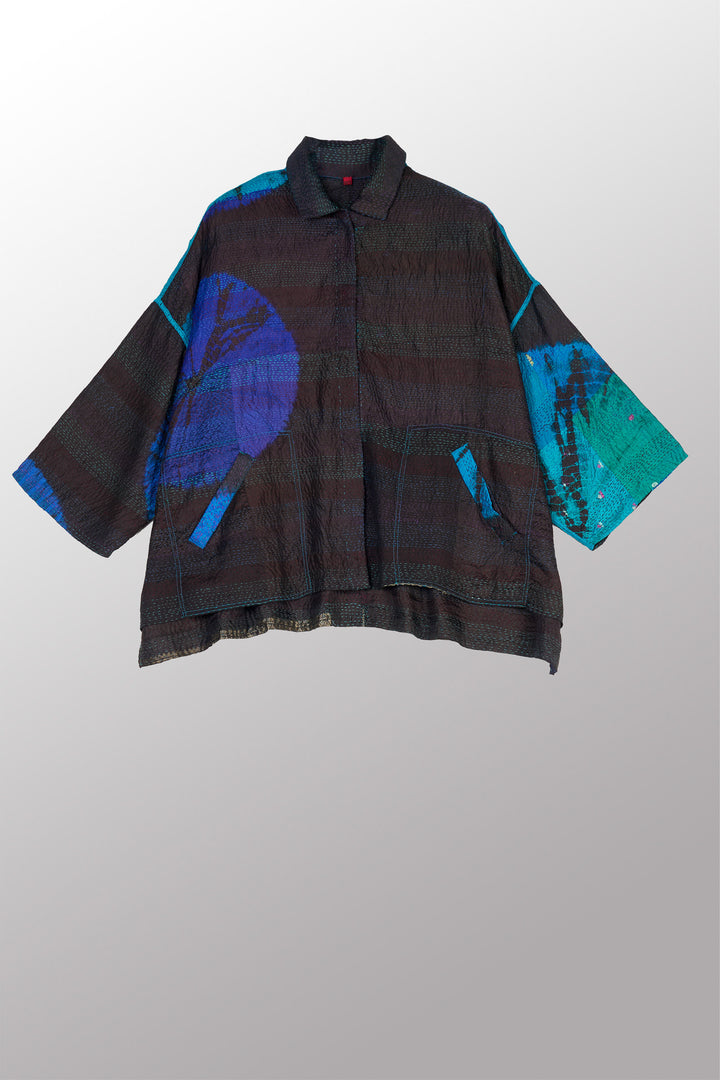 TIE DYE CIRCLE SHIBORI KANTHA CROPPED TENT SHIRT - td2596-blu -