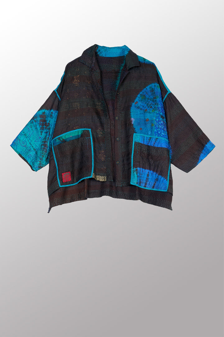 TIE DYE CIRCLE SHIBORI KANTHA CROPPED TENT SHIRT - td2596-blu -