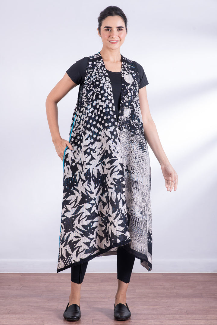MONOTONE TWILIGHT PRINT KANTHA BACK PLEATED VEST MAXI - tp2222-blk -