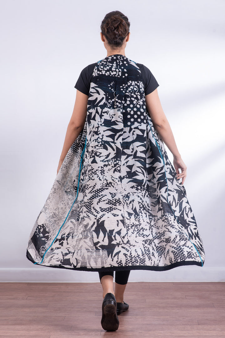 MONOTONE TWILIGHT PRINT KANTHA BACK PLEATED VEST MAXI - tp2222-blk -