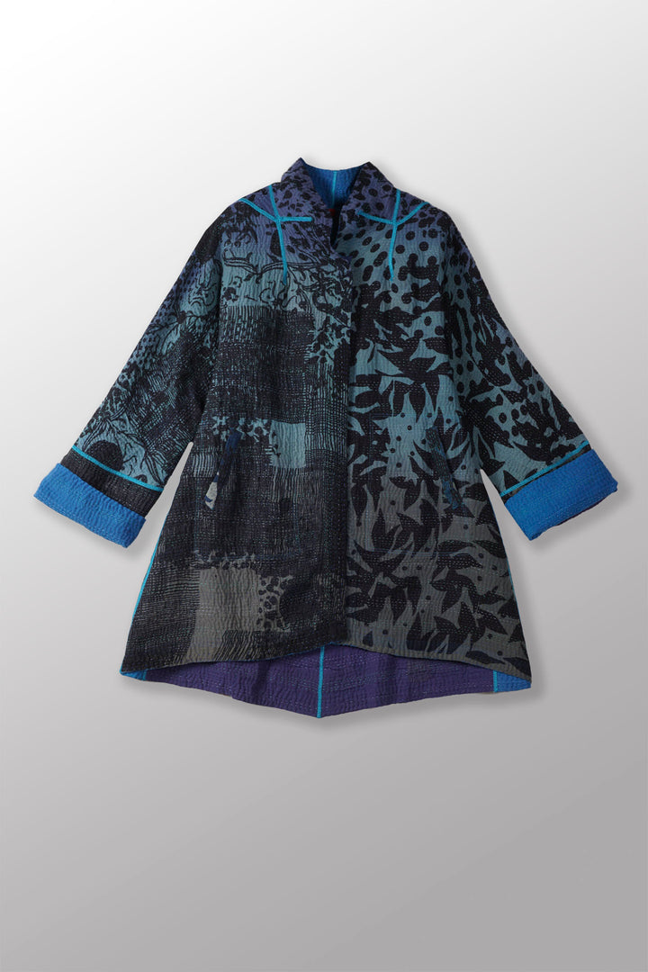 MONOTONE TWILIGHT PRINT KANTHA FLARE LONG JKT - tp4021-blu -