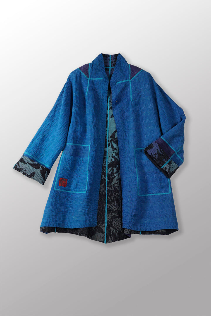 MONOTONE TWILIGHT PRINT KANTHA FLARE LONG JKT - tp4021-blu -