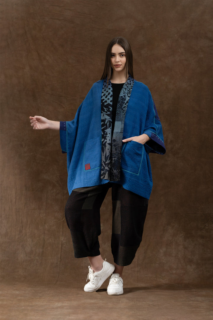 MONOTONE TWILIGHT PRINT KANTHA DOUBLE COLLAR PONCHO - tp4323-blu -