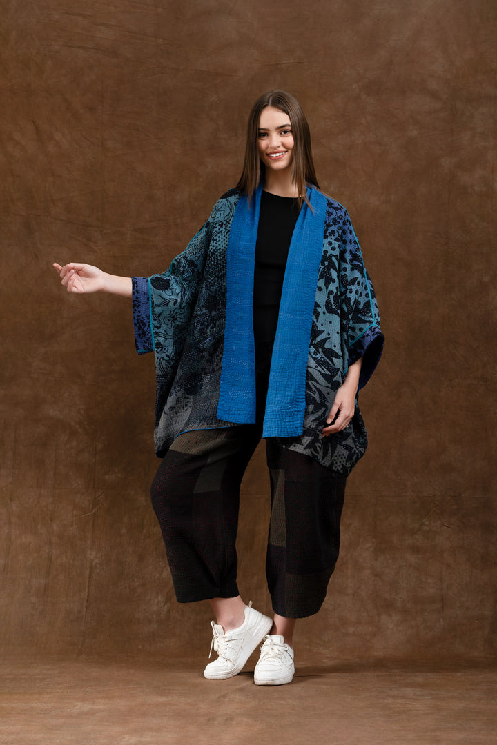 MONOTONE TWILIGHT PRINT KANTHA DOUBLE COLLAR PONCHO - tp4323-blu -