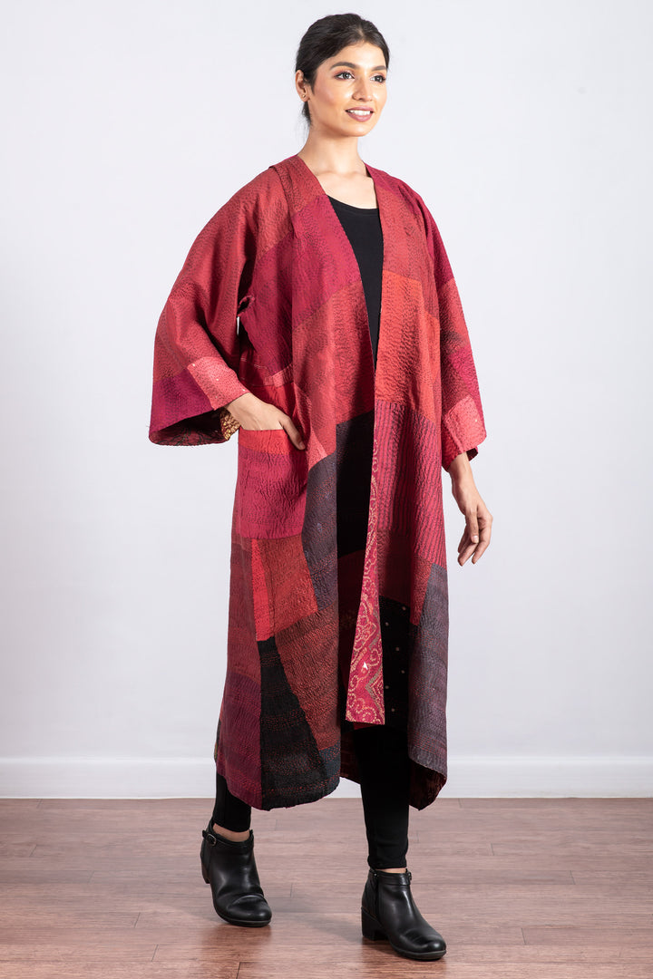 VINTAGE SILK PATCH KANTHA KIMONO MAXI - vp2318-red -