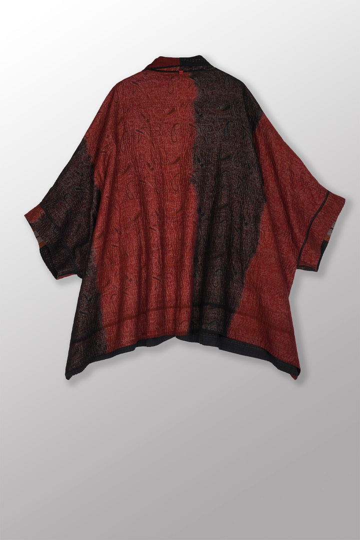 WOVEN HANDLOOM IKAT WITH OMBRE KANTHA DOUBLE COLLAR PONCHO - wh4323-red -