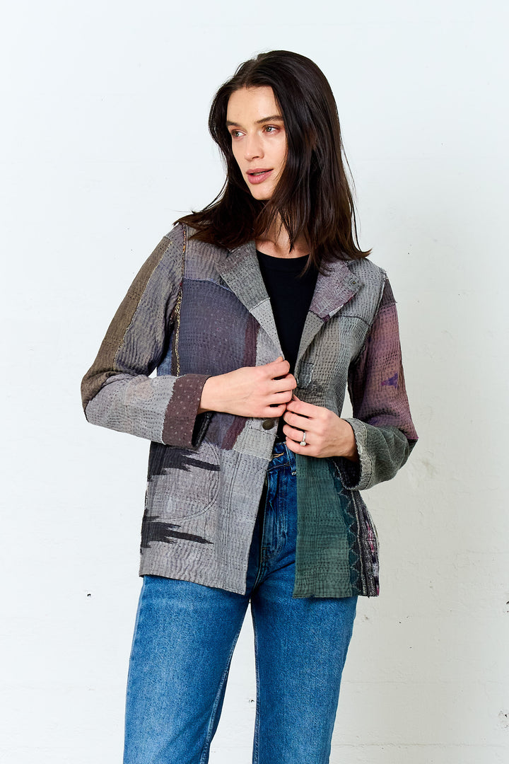 WOVEN IKAT & FRAYED PATCH KANTHA SIMPLE JKT - wk4022-gry -