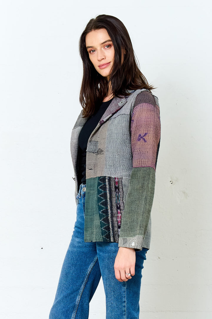 WOVEN IKAT & FRAYED PATCH KANTHA SIMPLE JKT - wk4022-gry -