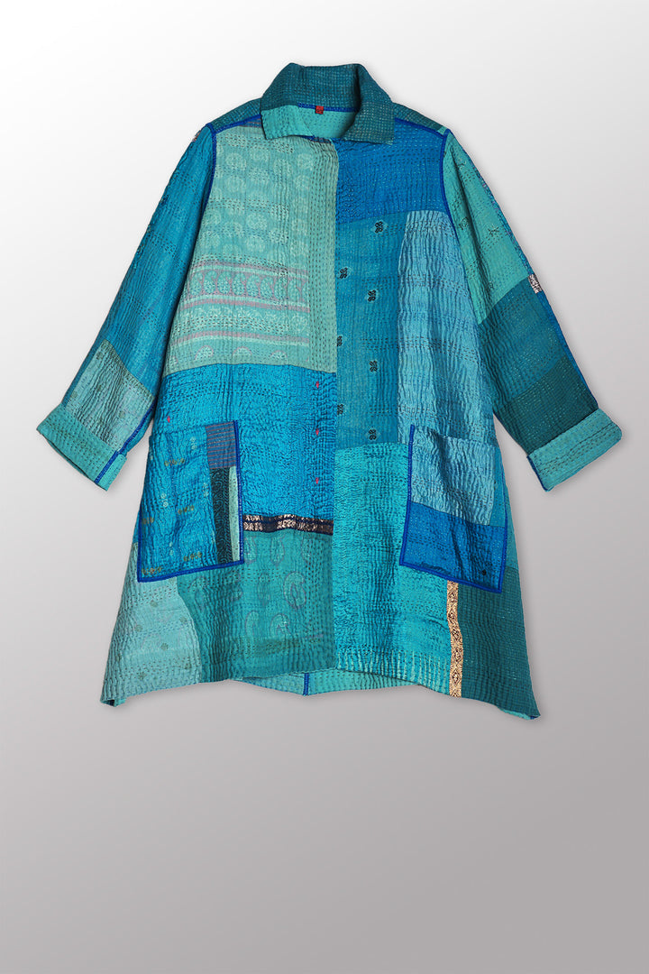 COTTON SILK SW PATCH KANTHA A-LINE DUSTER - ws4311-tuq -