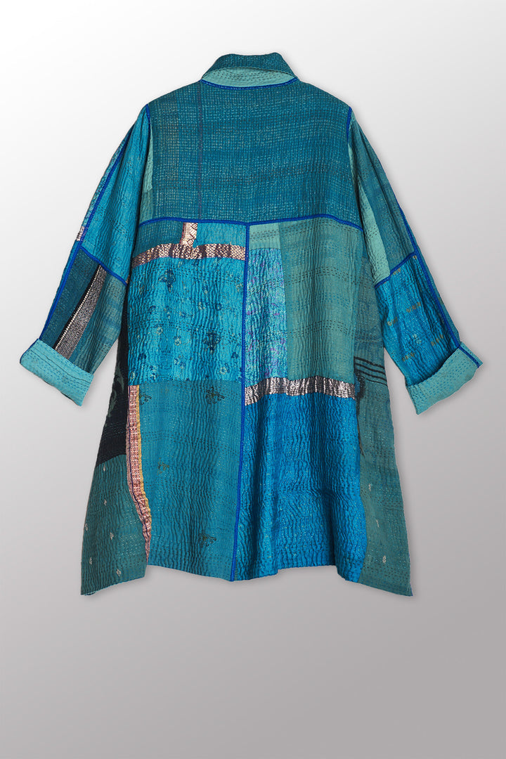 COTTON SILK SW PATCH KANTHA A-LINE DUSTER - ws4311-tuq -
