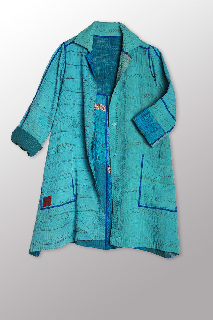 COTTON SILK SW PATCH KANTHA A-LINE DUSTER - ws4311-tuq -