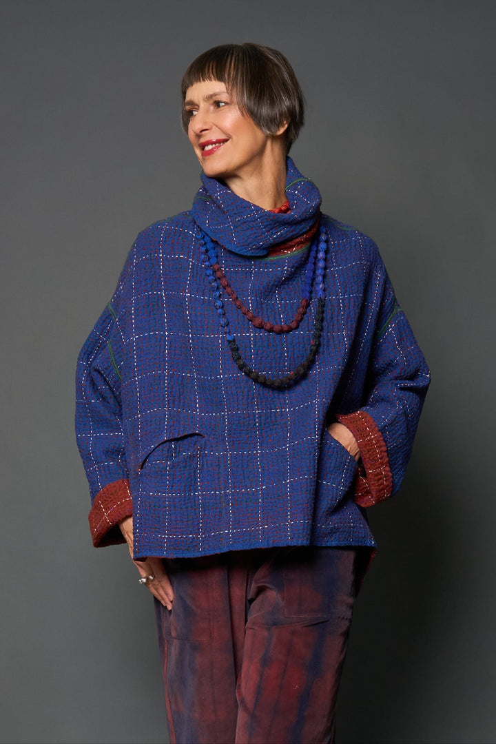 WOOL WAFFLE KANTHA NEW COWL NECK PONCHO - ww3083-blu -