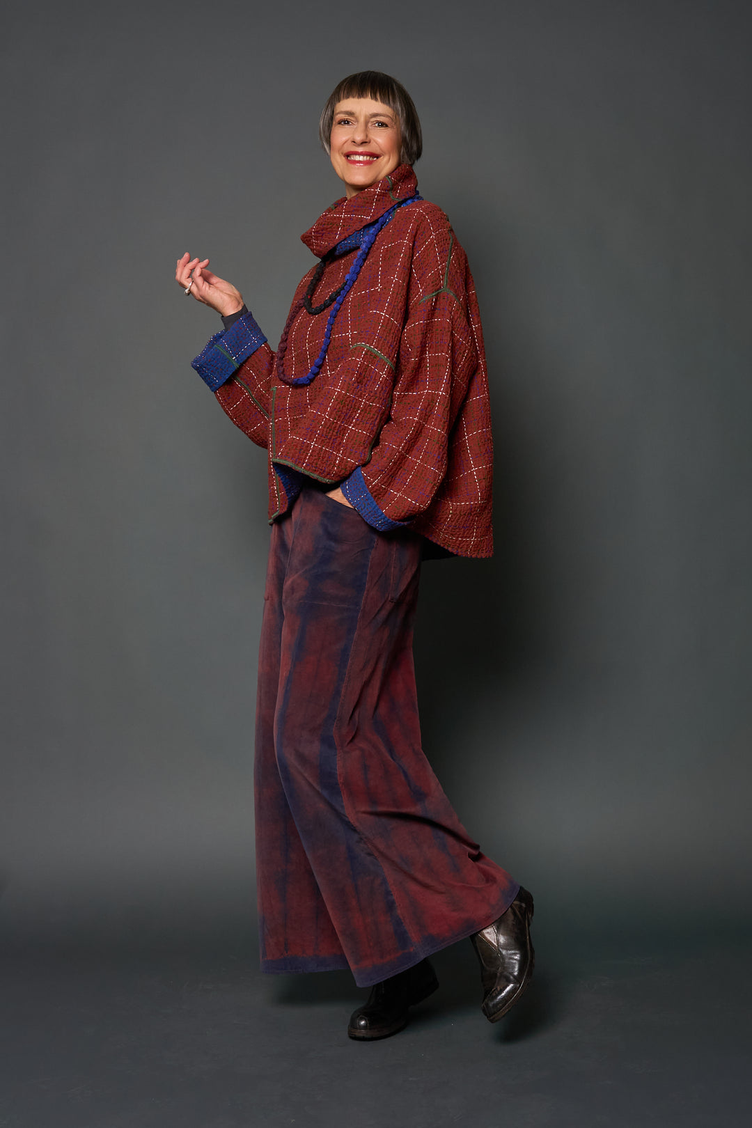 WOOL WAFFLE KANTHA NEW COWL NECK PONCHO - ww3083-blu -