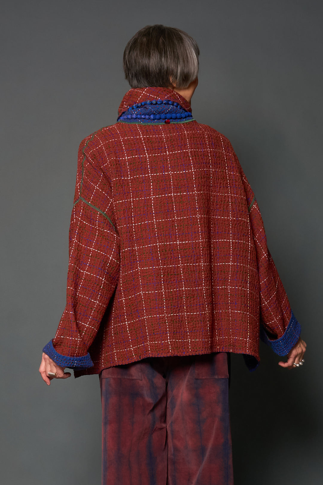 WOOL WAFFLE KANTHA NEW COWL NECK PONCHO - ww3083-blu -