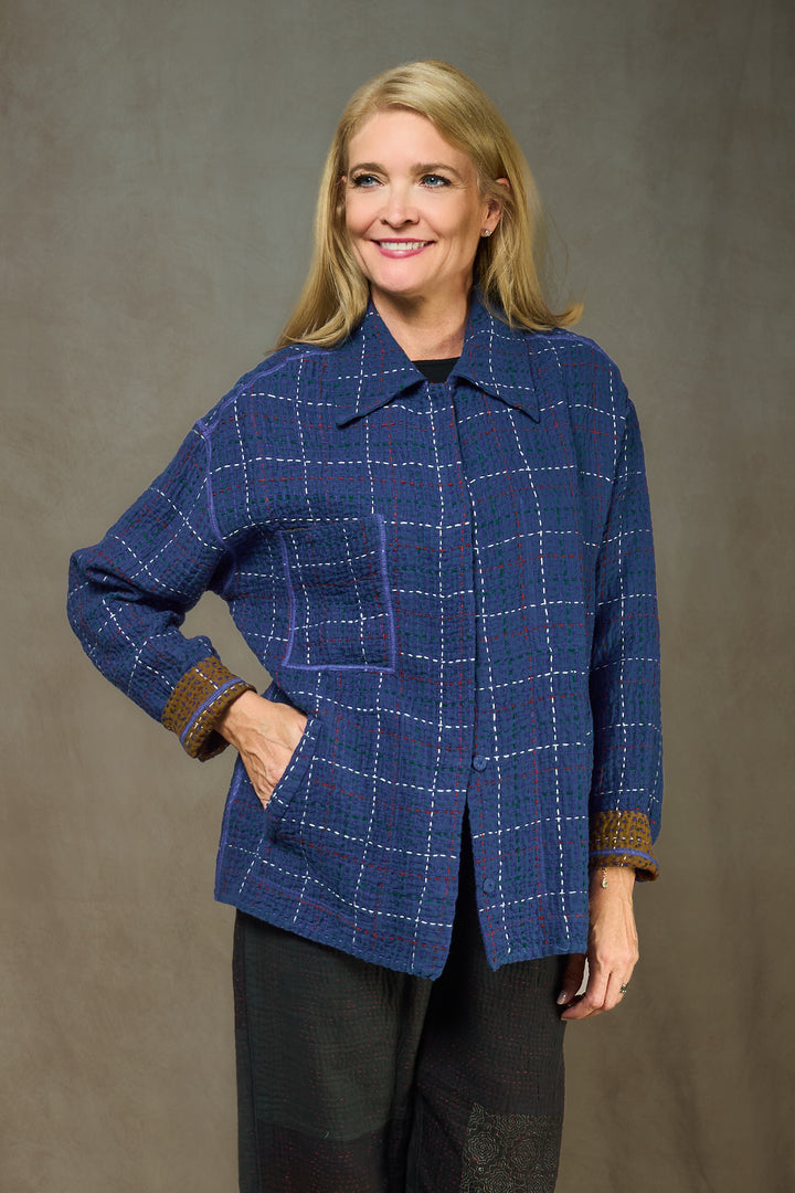 WOOL WAFFLE KANTHA WORKERS JACKET - ww3085-blu -