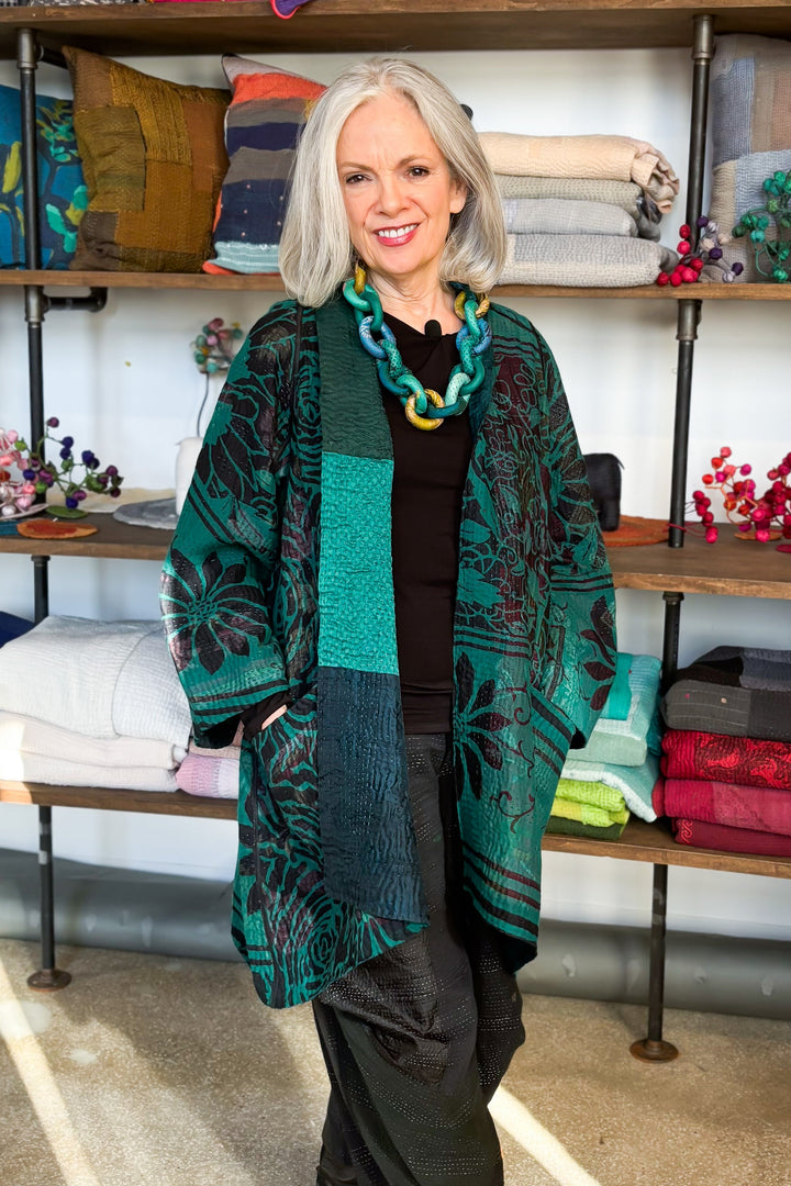 EMERALD GREEN KANTHA A-LINE JACKET - eg4003-tel -