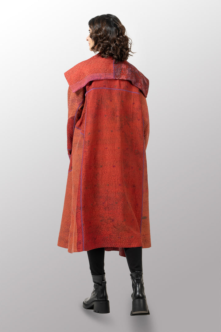 GEORGETTE JACQUARD VINTAGE SILK PATCH KANTHA A-LINE LONG COAT - gj4302-org -