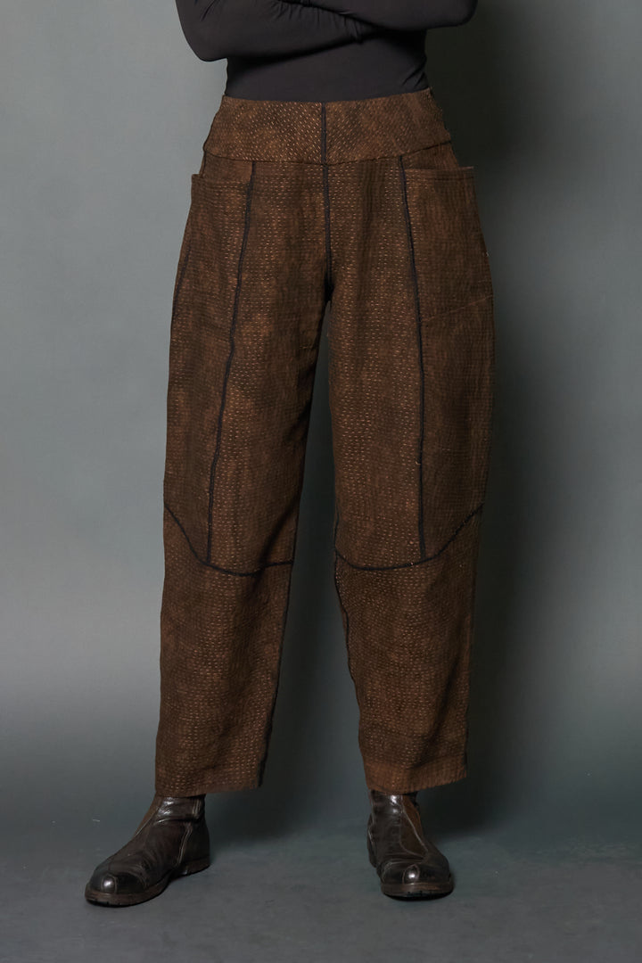 DENIM SUN-DYE KANTHA PANELED LANTERN PANTS - ds3675-brn -