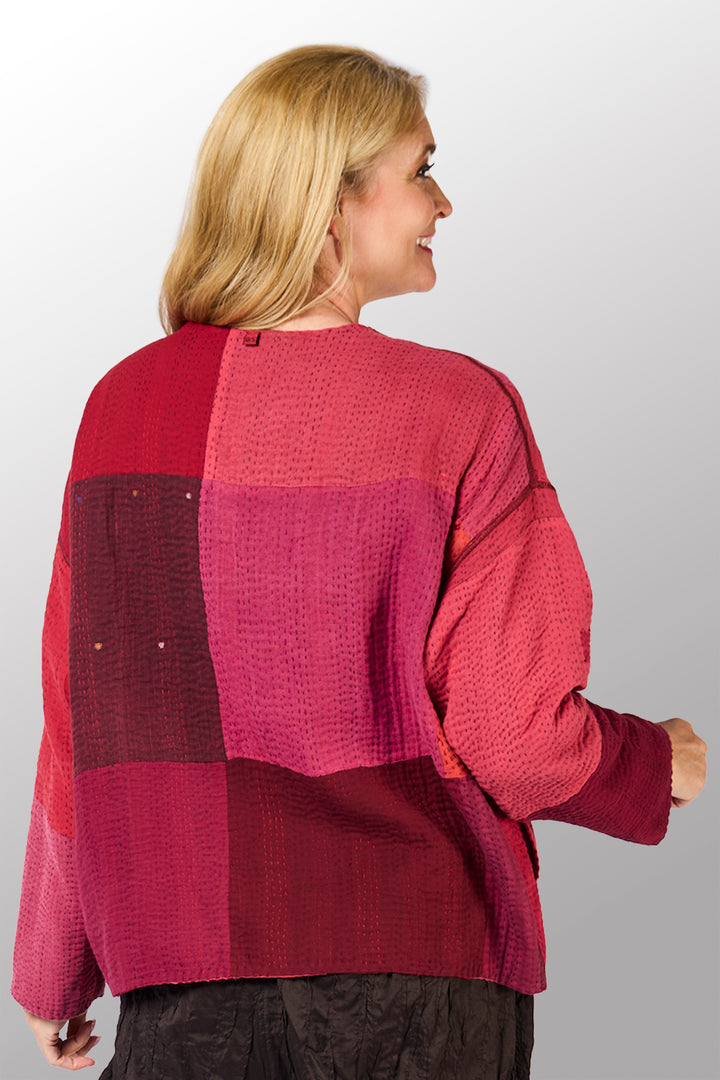 STRIPE AND CHECK COTTON SILK PATCH KANTHA CREW NECK SHORT JACKET - ss4053-red -
