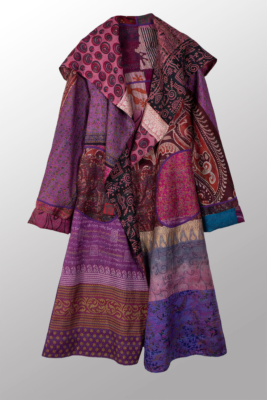 VINTAGE SILK KANTHA HOODED A-LINE LONG COAT - sv2306-0001a -