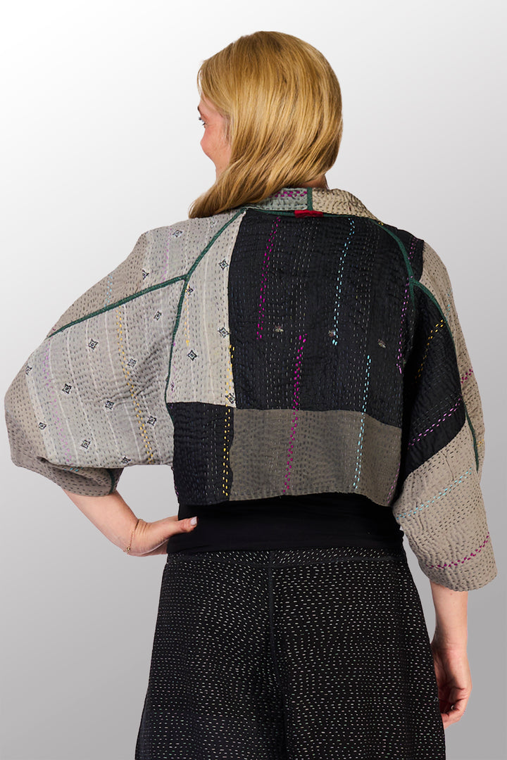 JEWEL WOVEN WITH VERTICAL PATCH KANTHA PUFF SLV. SHRUG - jv4062-gry -