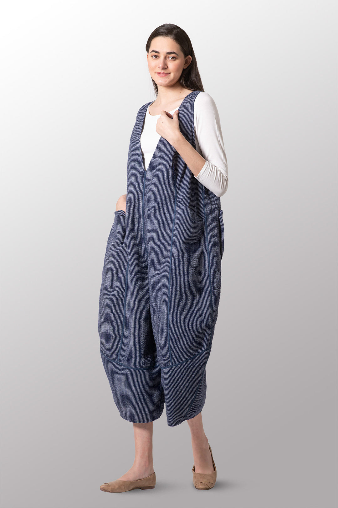 HANDLOOM PIN STRIPE KANTHA V-NECK JUMPER - wa3622-blu -