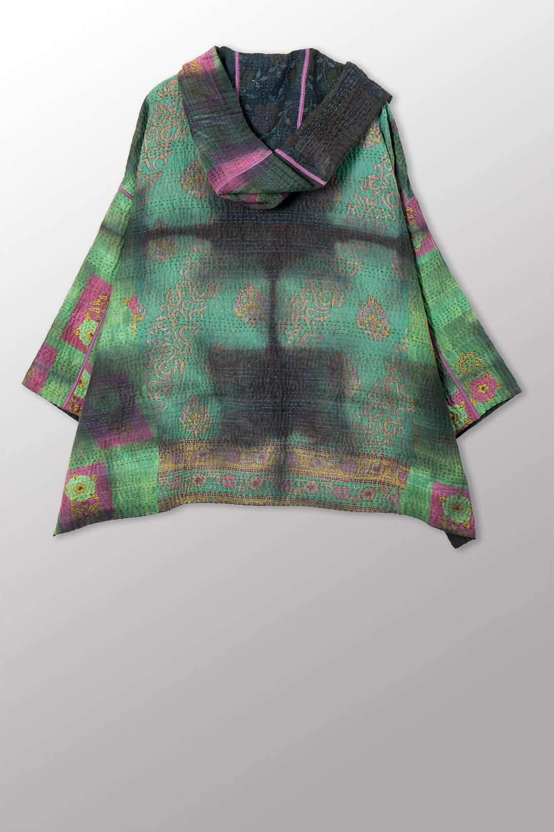 VINTAGE COTTON GREY CLAMP TIE DYE KANTHA HOODIE PONCHO - su4064-0003a -