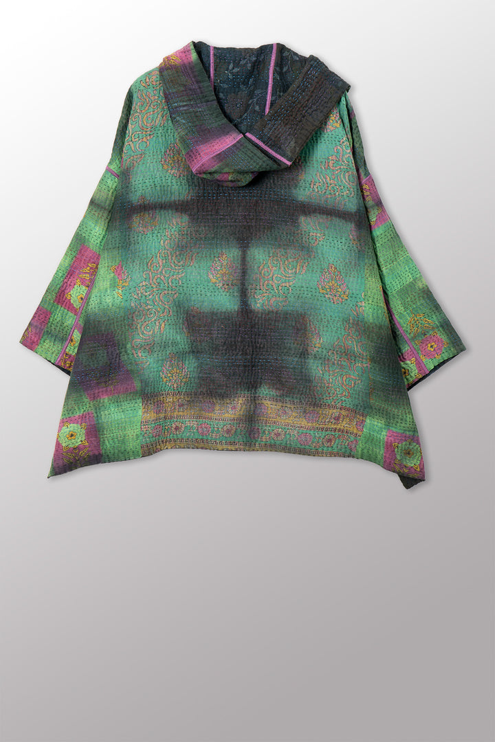 VINTAGE COTTON GREY CLAMP TIE DYE KANTHA HOODIE PONCHO - su4064-0003a -