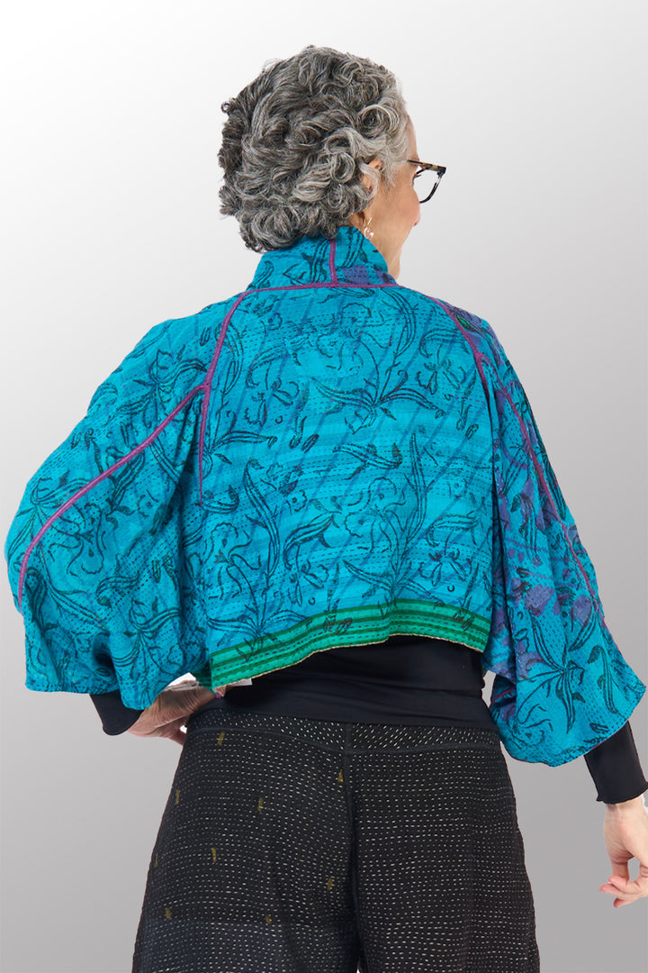 COTTON OVERDYE KANTHA PUFF SLV. SHRUG - ov2062-cblu002a -