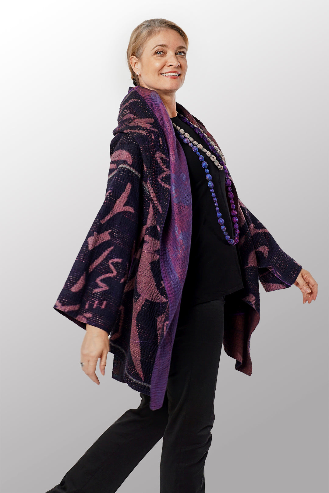 WOVEN HANDLOOM IKAT WITH OMBRE KANTHA HOODED A-LINE COAT - wh4341-prp -