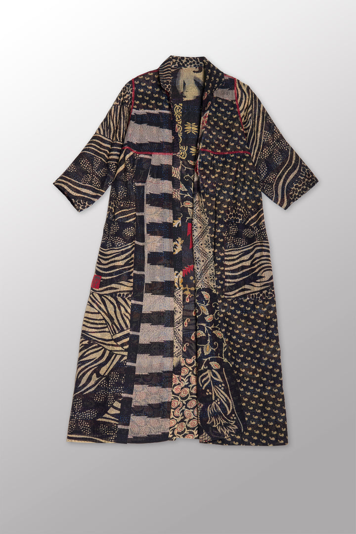 PATCHED PRINT KANTHA SIDE PLEATED DRESS - pp2435-blk -