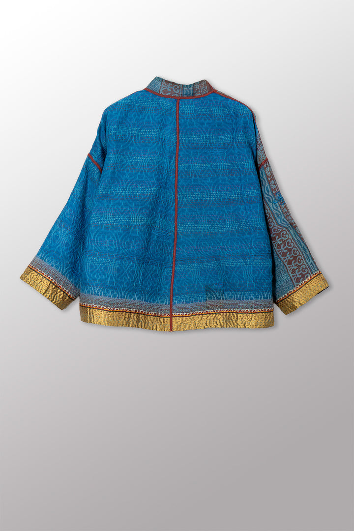 VINTAGE COTTON & NEW VOILE KANTHA STAND COLLAR CROPPED JACKET - cn2034-0002a -