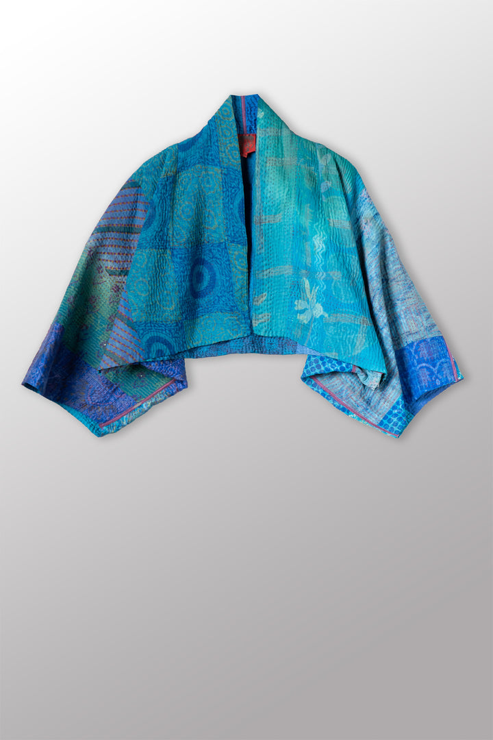 JACQUARD SILK KANTHA PUFF SLV. SHRUG - js4062-blu -