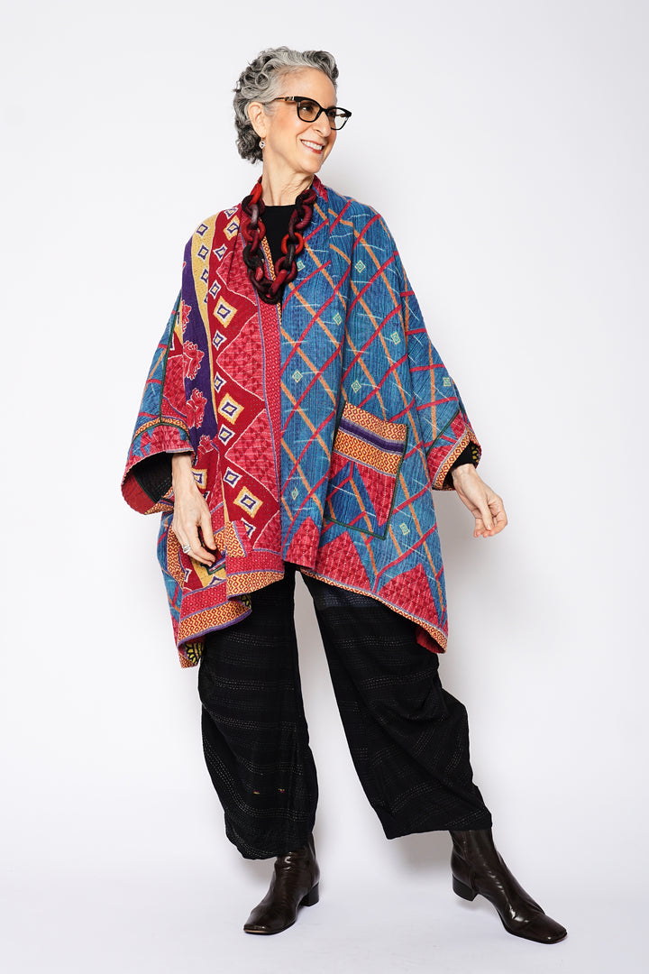 VINTAGE COTTON KANTHA DOUBLE COLLAR PONCHO - cv4323-0065a -