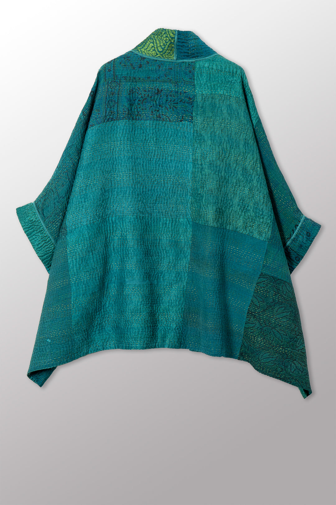 GEORGETTE JACQUARD VINTAGE SILK PATCH KANTHA DOUBLE COLLAR PONCHO - gj4323-grn -