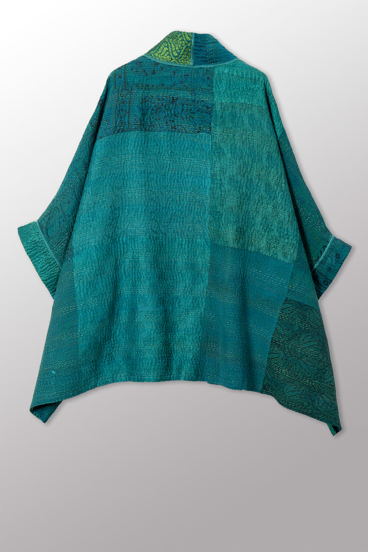 GEORGETTE JACQUARD VINTAGE SILK PATCH KANTHA DOUBLE COLLAR PONCHO - gj4323-grn -