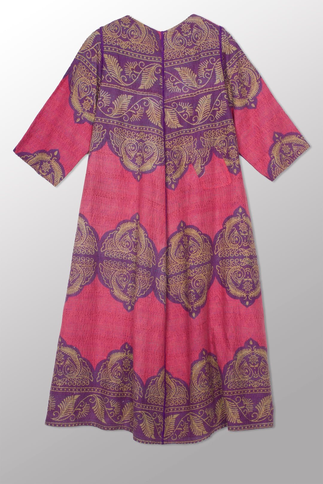 VINTAGE COTTON KANTHA V-NECK FLARE DRESS - cv2457-0001s -