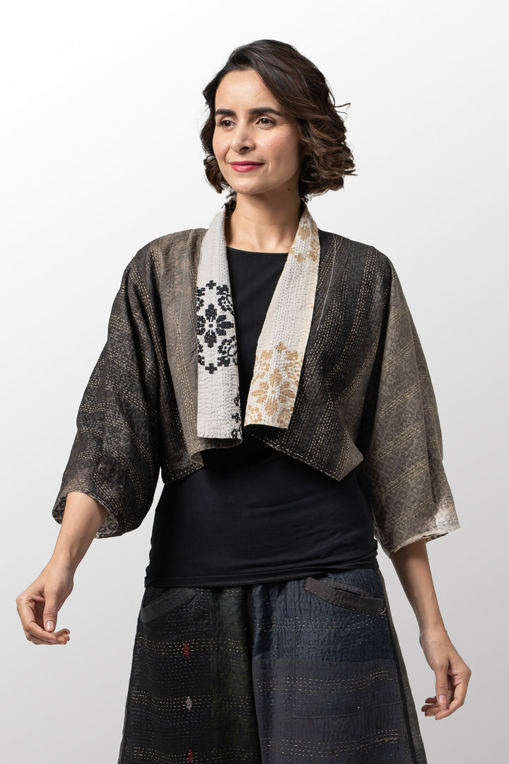 KIMONO COTTON KANTHA PUFF SLV. SHRUG - kc2062-gry -