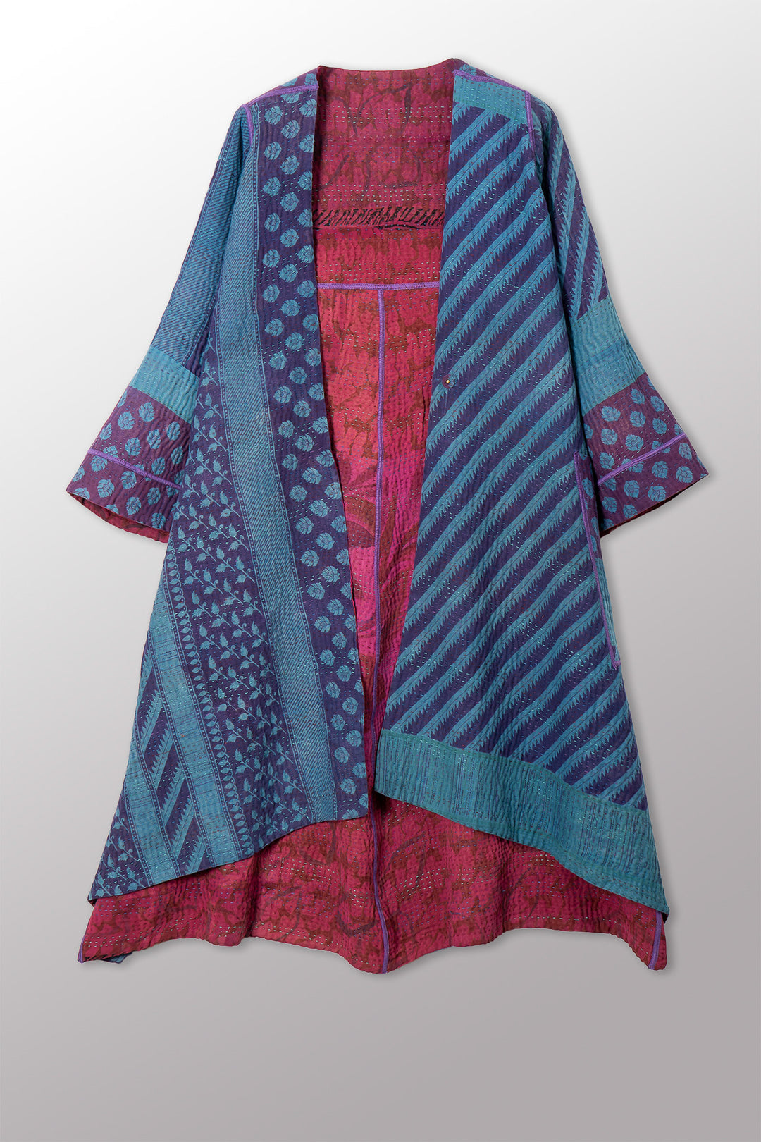 VINTAGE SILK GEORGETTE COTTON KANTHA WRAP FLARE COAT - gc4330-0001a -