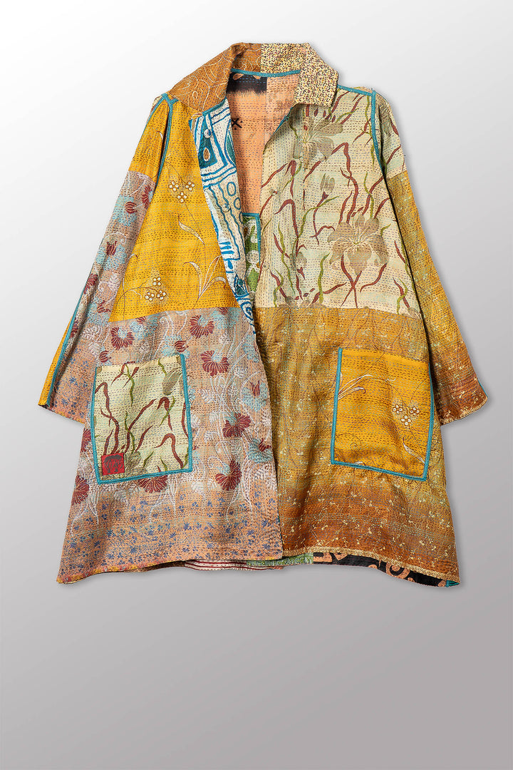 VINTAGE SILK KANTHA A-LINE DUSTER - sv2311-0015a -