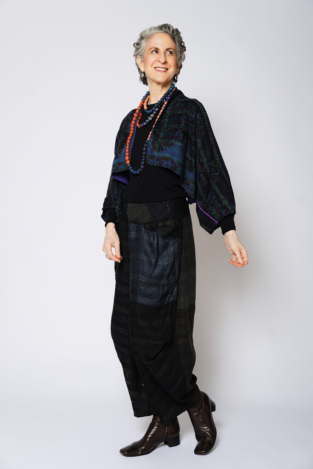 VINTAGE SILK GEORGETTE COTTON KANTHA PUFF SLV. SHRUG - gc2062-0005a -