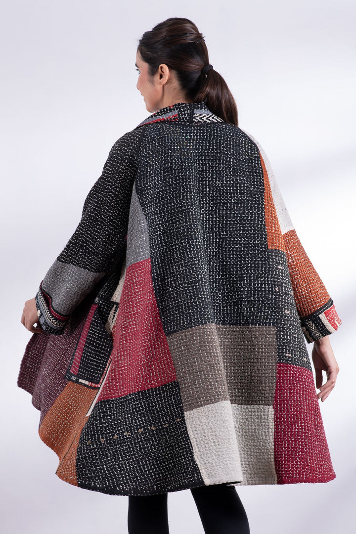 WAFFLE IKAT KANTHA KIMONO LONG JACKET - wi3005-red -