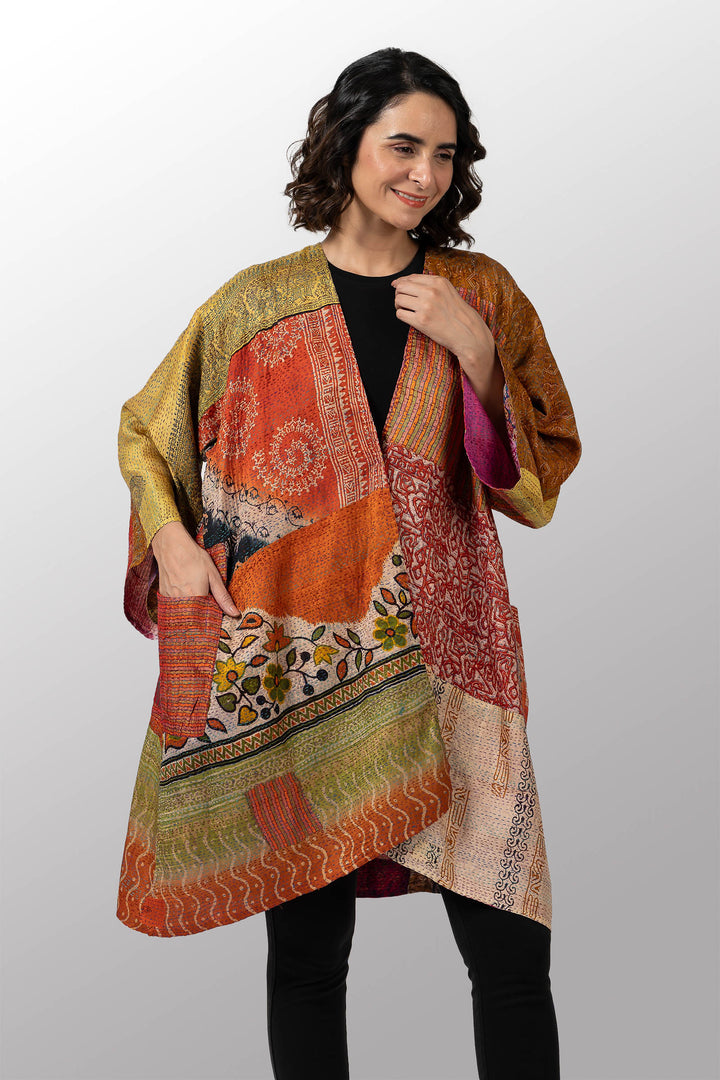 VINTAGE SILK KANTHA KIMONO DUSTER - sv2317-0014a -