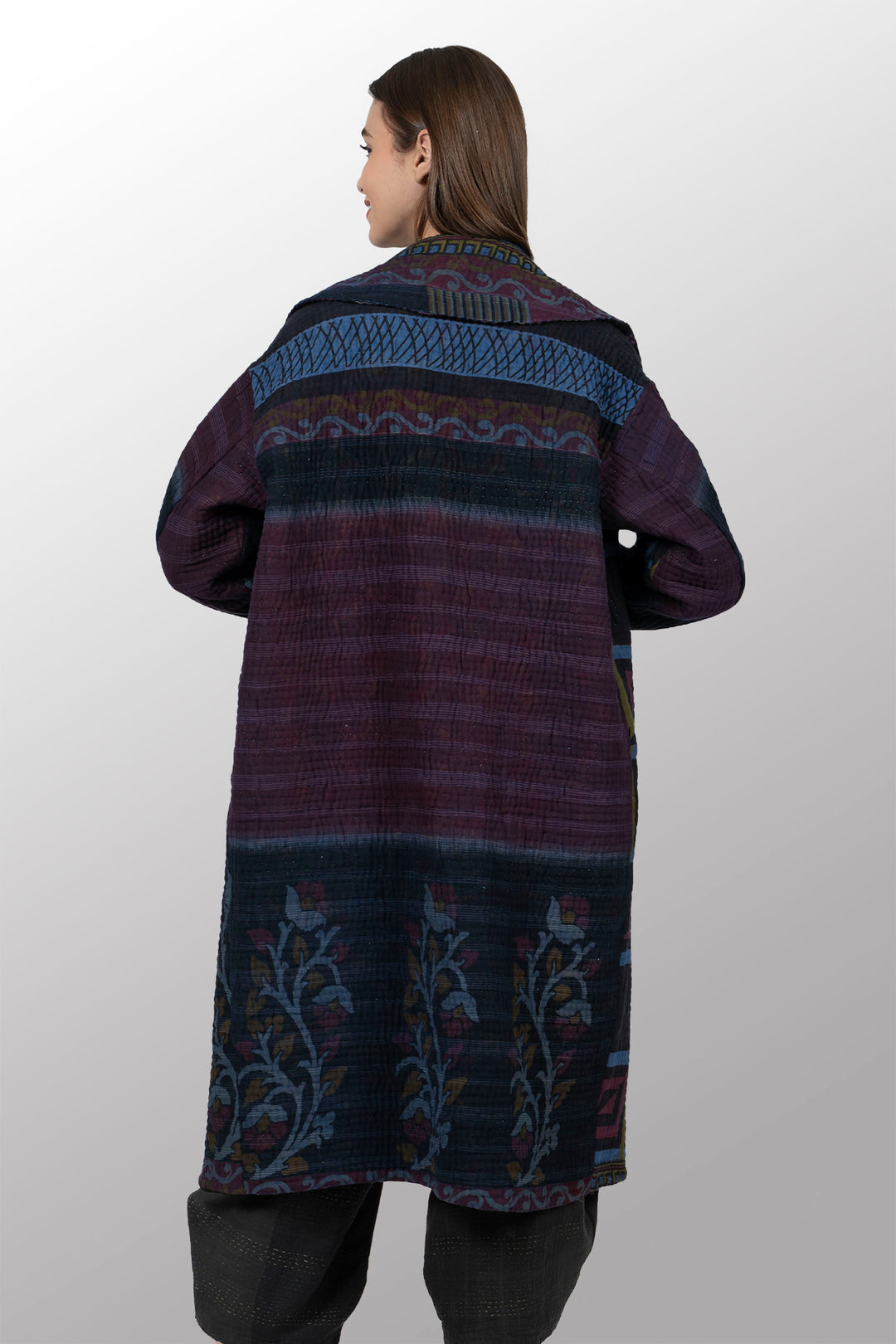 QUILTED OVERDYE COTTON KANTHA DOUBLE BREAST LONG COAT - oq5340-cred001a -