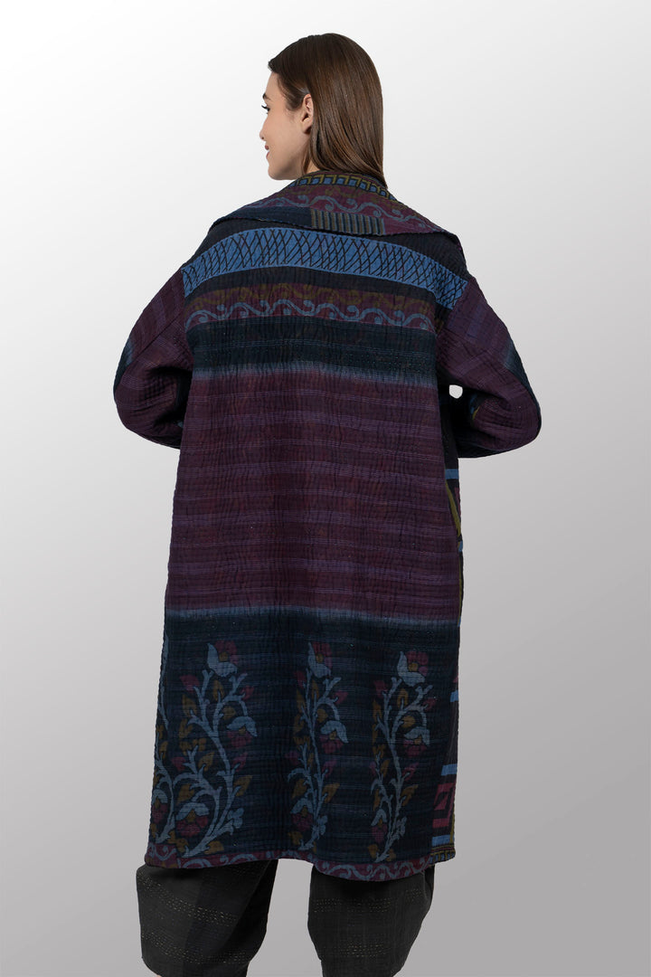 QUILTED OVERDYE COTTON KANTHA DOUBLE BREAST LONG COAT - oq5340-cred001a -